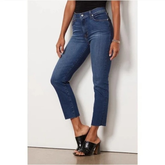 Edwin Bree Slim Fit Cut Raw Hem Straight Leg Crop Jeans in Deja Blue Women's 26 - Picture 1 of 10